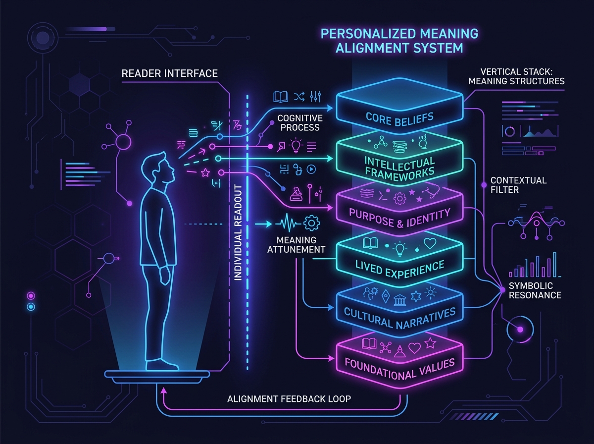 Diagram showing a single reader aligned with a vertical stack of personalized meaning structures.