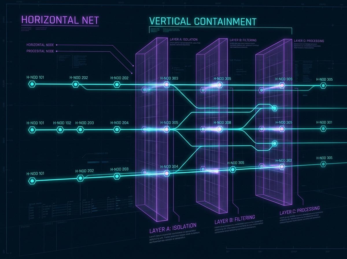 Network diagram showing horizontal relational links intersected by vertical boundary layers.