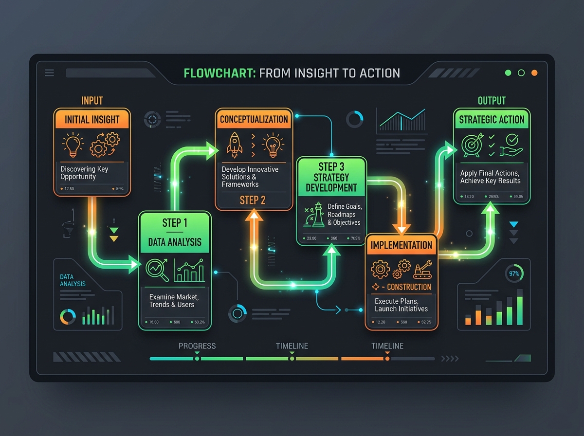 Flowchart displaying five distinct steps connecting core insights to practical actions.