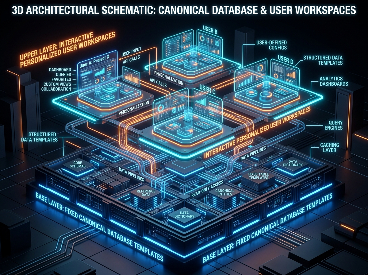 Layered schematic dividing fixed canonical templates from dynamic user-managed layers.